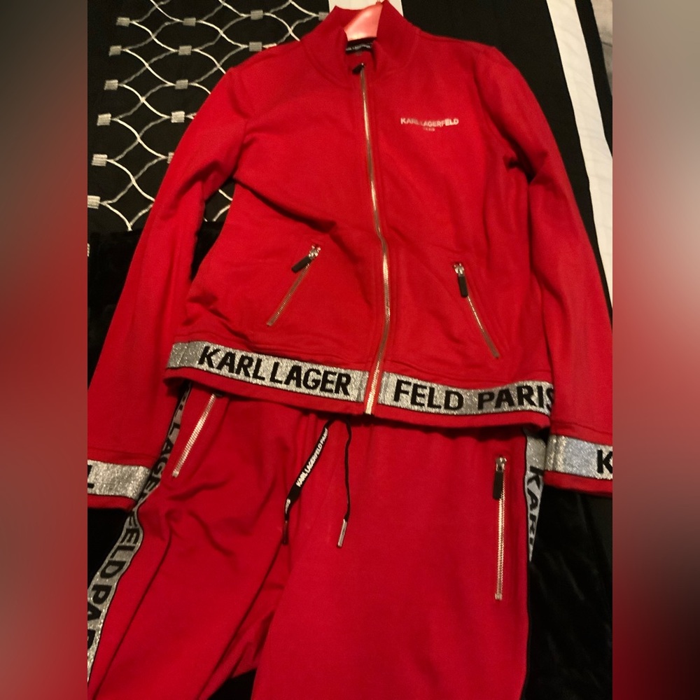 Karl Lagerfeld Vibrant Red Logo Tape jogger set. Good preowned condition Sz S